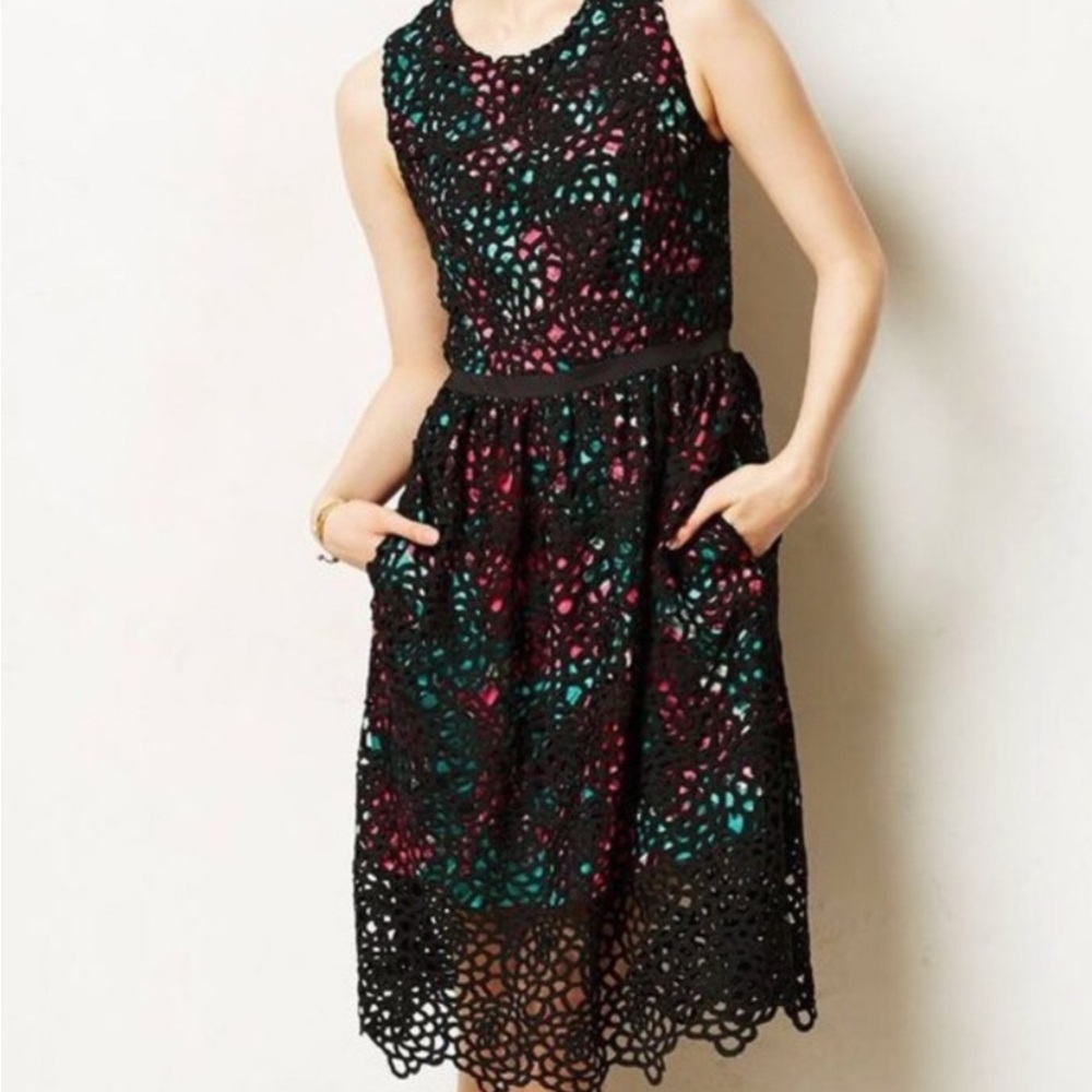 Anthropologie Wolven Terrace House Sheath Midi Dress Floral Crochet Lace 10